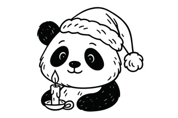 Cute panda character in Santa hat holding a candle. Christmas animal doodle. Adorable bear mascot for winter holidays. New Year greeting card vector black and white illustration.