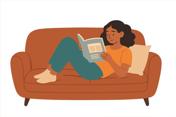 Young woman reading a book or magazine on the sofa. Girl relaxing on couch at home. Concept for education, learning, hobby, leisure, and self-improvement. Vector flat.