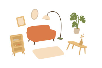 Living room furniture set for home decor sale banner. Minimalistic interior design concept. Cozy modern furniture collection with sofa, lamp, table, and plant. Moving house vector.