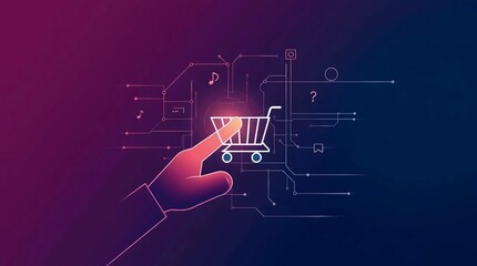 Naklejka premium hand pointing to futuristic shopping cart icon with glowing network connections representing modern online shopping and e commerce concept
