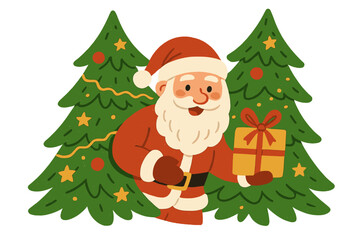 Santa Claus holding gift box between decorated Christmas trees. Cute vector character for Xmas greeting card, banner. Winter holiday illustration. Flat cartoon design.