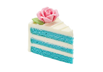 Slice of blue sponge cake with pink rose isolated, delicious dessert with frosting and layers on a transparent background