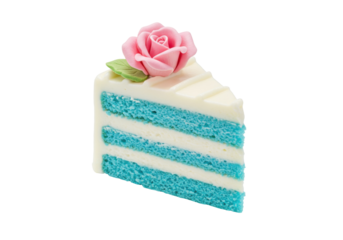 Slice of blue sponge cake with pink rose isolated, delicious dessert with frosting and layers on a transparent background