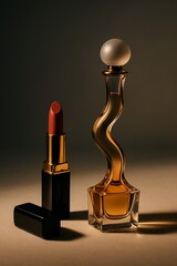 Elegance Unveiled: A captivating still life showcases a sophisticated pairing: a sleek lipstick and a gracefully curved perfume bottle. Bathed in soft light, these objects exude luxury and style.