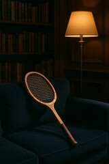 Vintage Tennis Racquet on Sofa: An antique wooden tennis racquet rests elegantly on a plush, navy-colored sofa. The room is dimly lit by a warm table lamp, creating a cozy and inviting atmosphere. 
