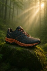 Running Shoe in the Forest: A lone running shoe rests on a moss-covered rock, sunlight filtering through a verdant forest, creating a scene of adventure and tranquility.