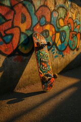 Skateboard and Graffiti: A vibrant skateboard leans casually against a colorful graffiti-covered wall, capturing the essence of urban street art and youth culture.