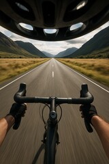 Open Road Cyclist's Perspective: A cyclist's view of an endless road through a vast landscape, inviting adventure and the freedom of the open highway.