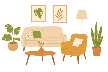 Cozy living room interior set in scandinavian hygge style. Sofa, armchair, coffee table, houseplants. Modern furniture collection. Flat vector hand drawn illustration.