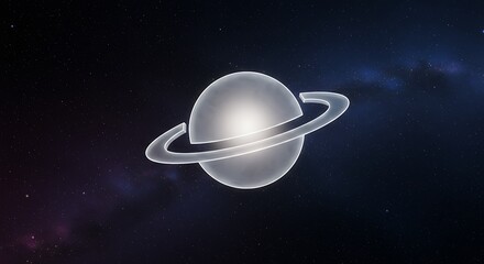 Glowing Stylized Ringed Planet Icon in Deep Space with Nebula Background - Digital Astronomy Symbol