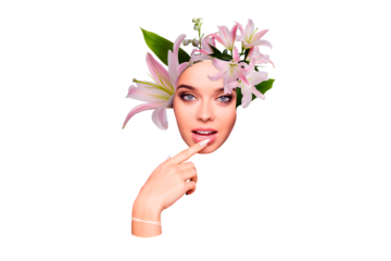 Composite photo collage of sexy flirty girl wear lily wreath flower bloom skin care concept smooth extract isolated on painted background