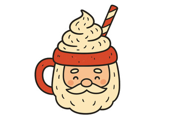 Santa Claus mug with hot chocolate and whipped cream. Cute Christmas character cup with winter drink. Festive holiday beverage with striped straw. Hand drawn vector illustration.
