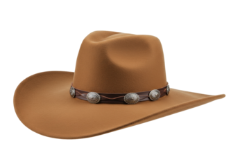 Brown cowboy hat with silver conchos isolated on transparent background, western fashion headwear for rodeo and country themes
