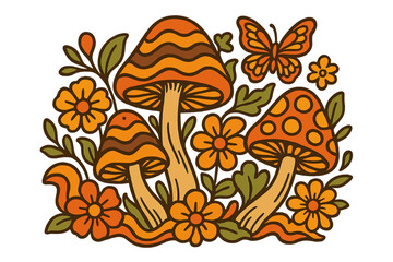 Retro 70s groovy print with psychedelic mushrooms, flowers and butterfly. Hippie style vector graphic for t-shirt. Open mind slogan concept. Floral fungi illustration design.