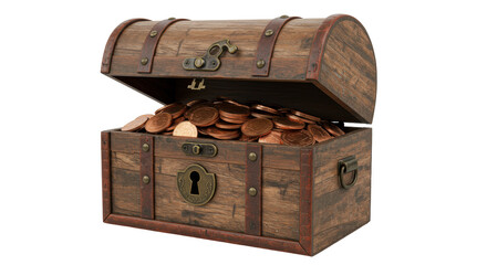 Open wooden treasure chest full of copper coins isolated, antique box with money on transparent background