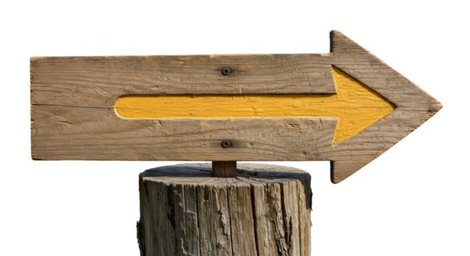 Rustic wooden arrow sign isolated on transparent background, directional pointer for outdoor adventure and navigation