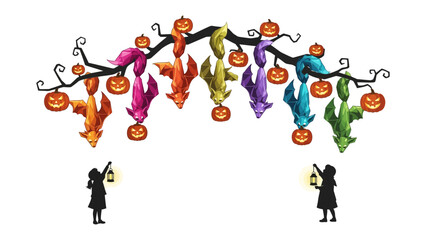 Whimsical Halloween Display: A fantastical scene unfolds, featuring a decorative arch adorned with colorful bats and jack-o'-lanterns, casting a whimsical glow over two young children with lanterns.