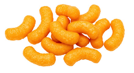 Pile of orange cheese puffs isolated PNG, crunchy snack food for party and kids