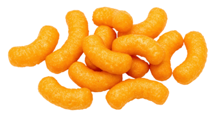 Pile of orange cheese puffs isolated PNG, crunchy snack food for party and kids