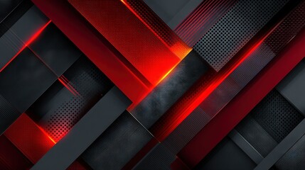 Futuristic abstract geometric background with layered black and red metallic textures, illuminated by glowing light accents for bold modern digital design