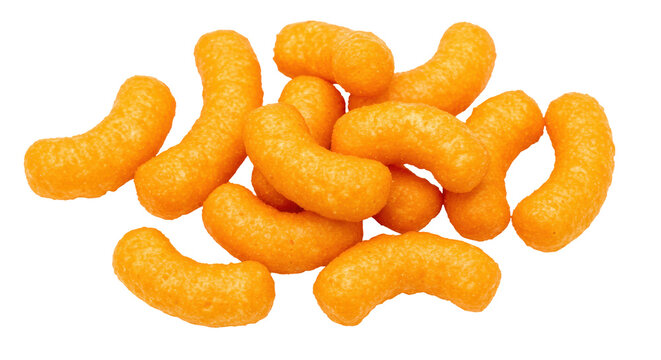 Pile of orange cheese puffs isolated PNG, crunchy snack food for party and kids