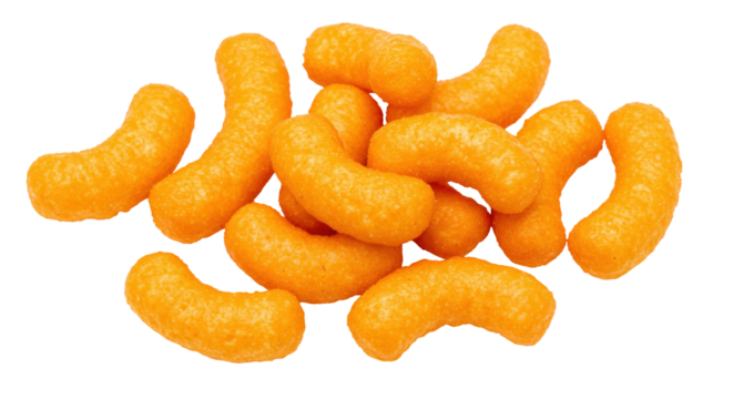 Pile of orange cheese puffs isolated PNG, crunchy snack food for party and kids