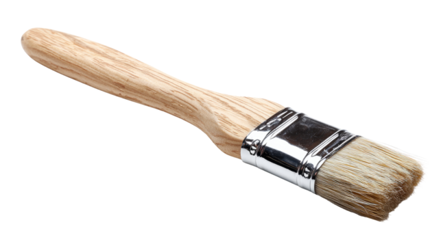 Wooden handled paint brush with natural bristles used for painting decorating and artistic work tool isolated on white background