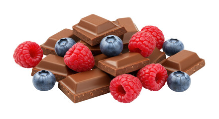 Milk chocolate chunks with fresh raspberries and blueberries isolated, delicious dessert ingredients for confectionery and healthy eating