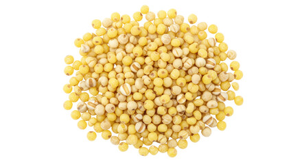 Pile of yellow proso millet seeds isolated on transparent background, small round grains for cooking and healthy eating