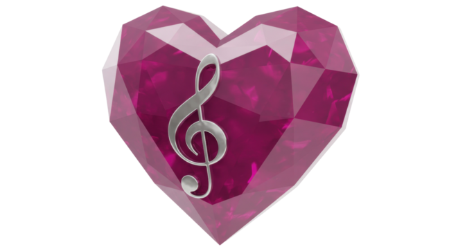Faceted magenta heart with silver treble clef isolated on transparent PNG, musical love symbol for Valentine s Day and romantic designs - Powered by Adobe