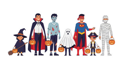 Halloween Costume Parade: A delightful assortment of characters stand in a row, each in a unique costume. Pumpkins, witches, zombies, and superheroes, all united in the spirit of fun and fantasy.