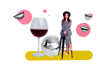 Composite photo collage of glamour girls sit chair disco ball occasion mouth smile joy wine glass holiday isolated on painted background