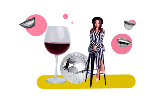 Composite photo collage of glamour girls sit chair disco ball occasion mouth smile joy wine glass holiday isolated on painted background