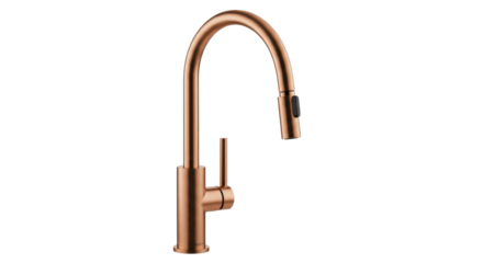 Copper kitchen faucet isolated on transparent background, modern fixture for sink and plumbing PNG