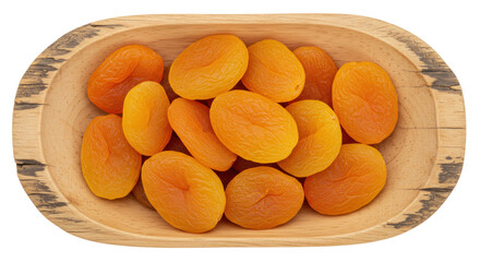 Dried apricots in wooden bowl isolated, healthy snack rich in vitamins and fiber, natural source of energy for athletes and active people