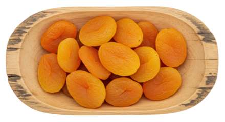 Dried apricots in wooden bowl isolated, healthy snack rich in vitamins and fiber, natural source of energy for athletes and active people