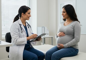 Fototapeta premium Compassionate doctor consults with happy expectant mother during prenatal visit in bright, modern clinic