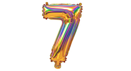 Holographic number 7 balloon isolated PNG, iridescent foil digit for party decorations and festive events