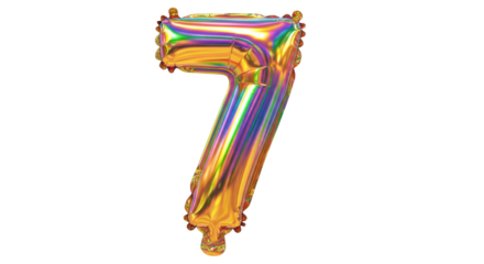 Holographic number 7 balloon isolated PNG, iridescent foil digit for party decorations and festive events