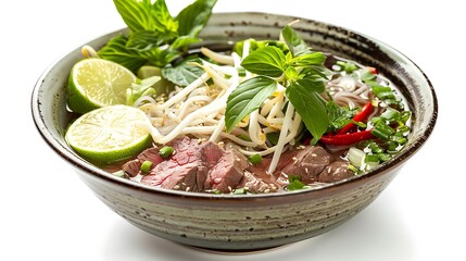 A bowl of pho with beef, bean sprouts, basil, lime, and chili on a white background for food photography