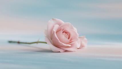 Soft Pink Rose on Tranquil Pastel in minimal gradient pastel background, soft smooth blend of pink and baby blue in high resolution