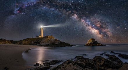 Stunning Milky Way Galaxy Arches Over Isolated Lighthouse Guiding Ships Through Coastal Night