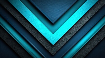 Obraz premium Futuristic layered chevron pattern in dark blue and vibrant cyan with textured metallic surfaces creating depth and modern symmetry
