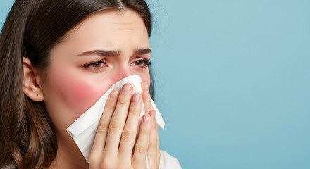 Young Woman Sneezing Holding Tissue in Light Blue Background