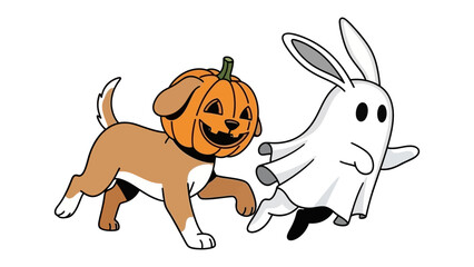 Spooky Friends on Halloween: A whimsical illustration of a playful puppy in a carved pumpkin costume and a friendly ghost bunny, evoking the spirit of Halloween with festive charm.