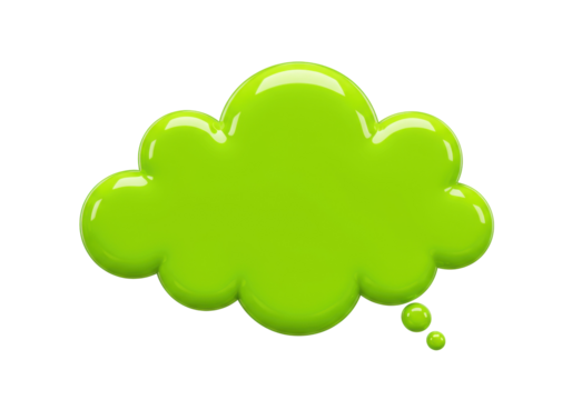 Green thought bubble PNG isolated on transparent background, glossy speech cloud for communication and design use