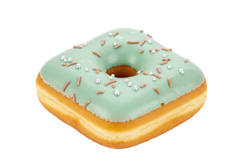 Square donut with mint green glaze isolated, delicious sweet treat with sprinkles for dessert or snack on transparent background