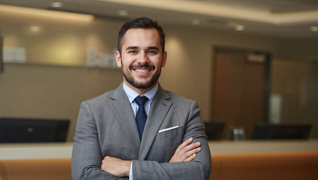 Male Bank manager standing in front of a bank counter wearing a suit and tie generative AI - Powered by Adobe