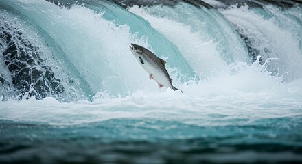 Fototapeta premium Large Fish Jumping Out of Turbulent Ocean Waves During Daylight