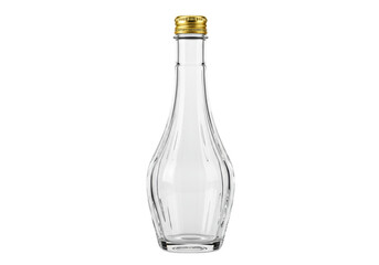 Elegant clear glass bottle with golden cap isolated, empty container for oil or vinegar PNG, kitchenware for food preparation